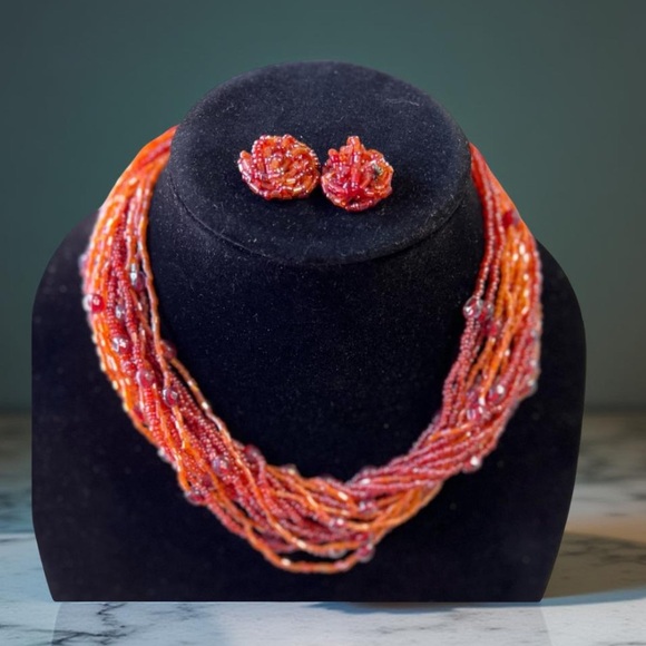 Seed Bead  Orange necklace and earrings - multi strand New Boutique - Picture 4 of 8